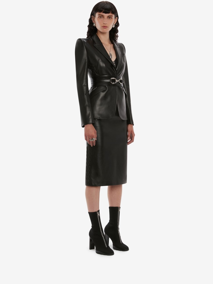 Black Women's Couture Stitch Leather Jacket Fashion Alexander McQueen