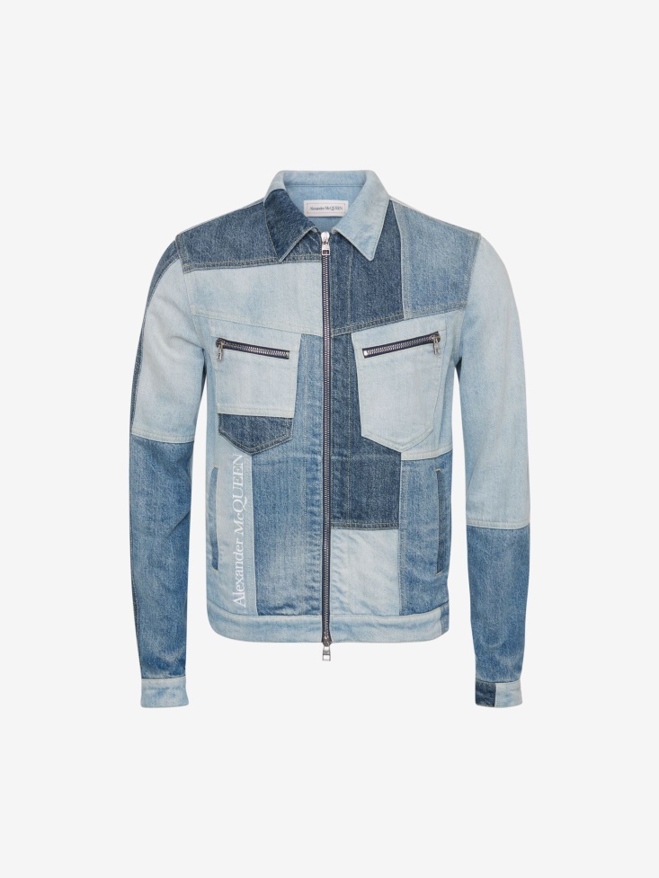 Men's Patchwork Denim Jacket Fashion Alexander McQueen Washed Blue
