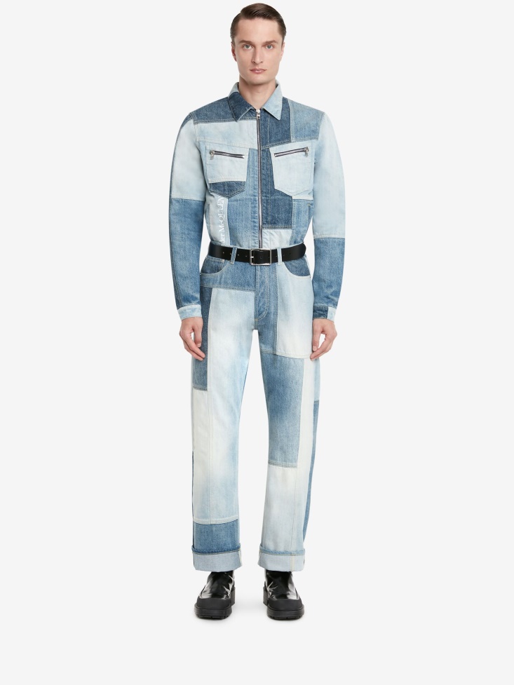Men's Patchwork Denim Jacket Fashion Alexander McQueen Washed Blue