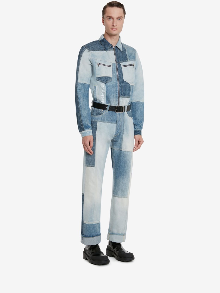 Men's Patchwork Denim Jacket Fashion Alexander McQueen Washed Blue