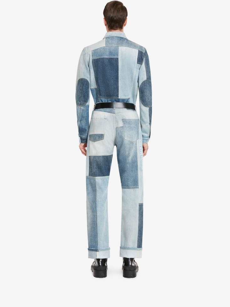 Men's Patchwork Denim Jacket Fashion Alexander McQueen Washed Blue
