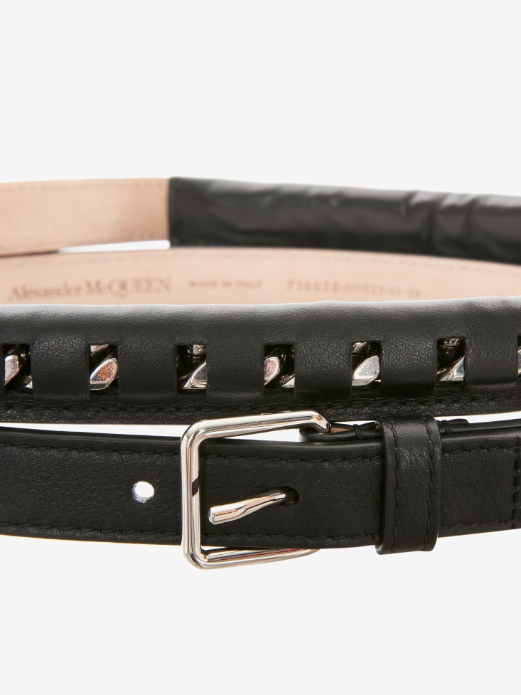 Fashion Alexander McQueen Black Women's Double Buckle Long Thin Belt