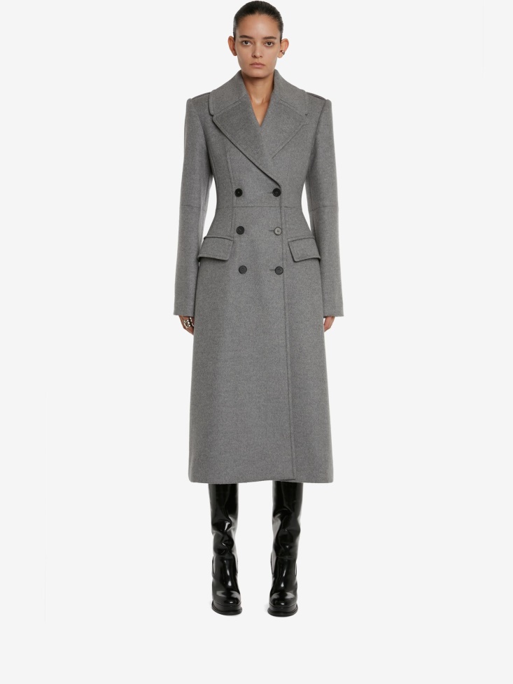 Grey Melange Fashion Alexander McQueen Women's Double-Breasted Military Coat