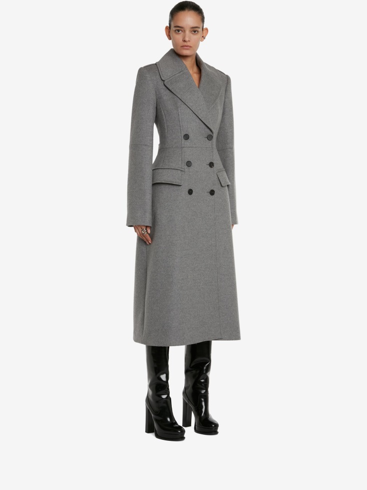 Grey Melange Fashion Alexander McQueen Women's Double-Breasted Military Coat