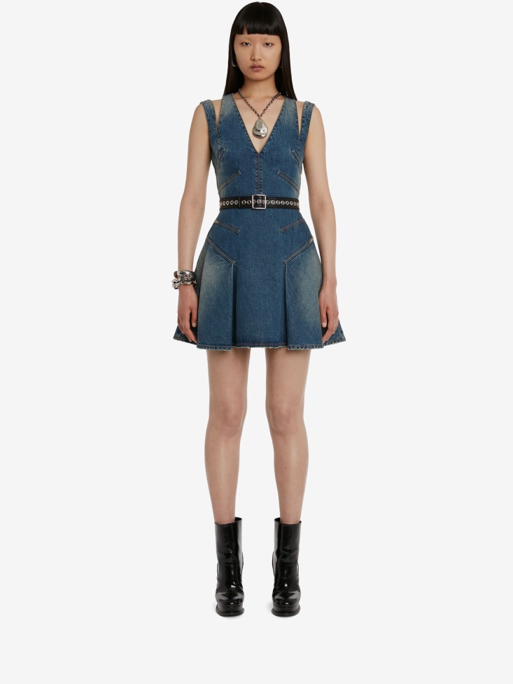 Fashion Alexander McQueen Women's Panelled Denim Mini Dress Blue