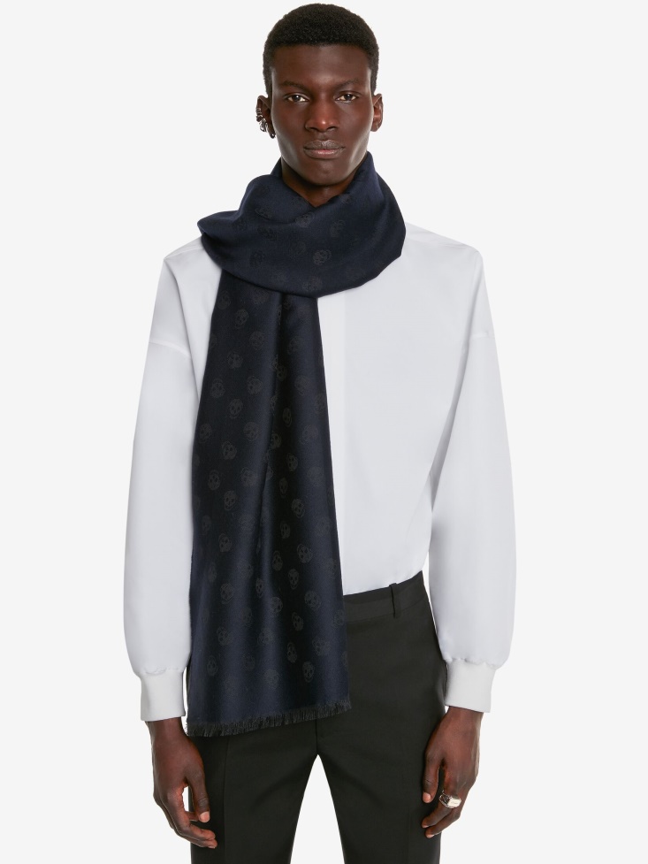 Fashion Alexander McQueen Navy/Blue Men's Reversible Skull Scarf