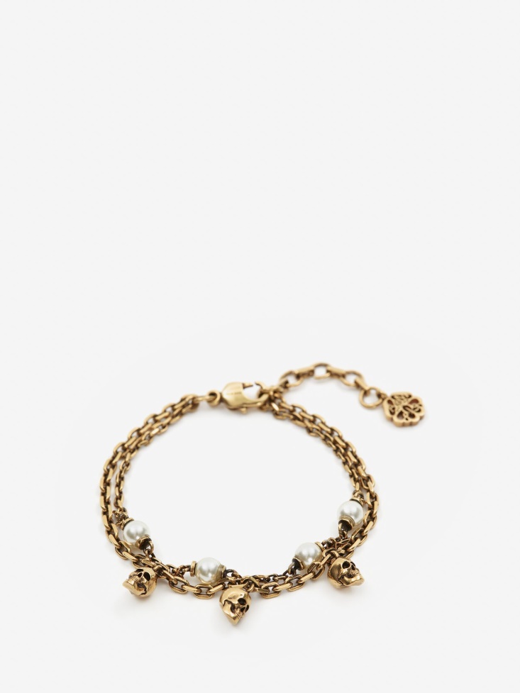Women's Pearl Skull Chain Bracelet Antique Gold Fashion Alexander McQueen
