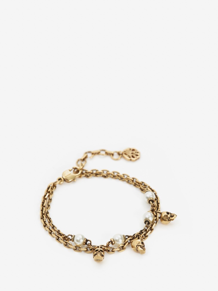 Women's Pearl Skull Chain Bracelet Antique Gold Fashion Alexander McQueen