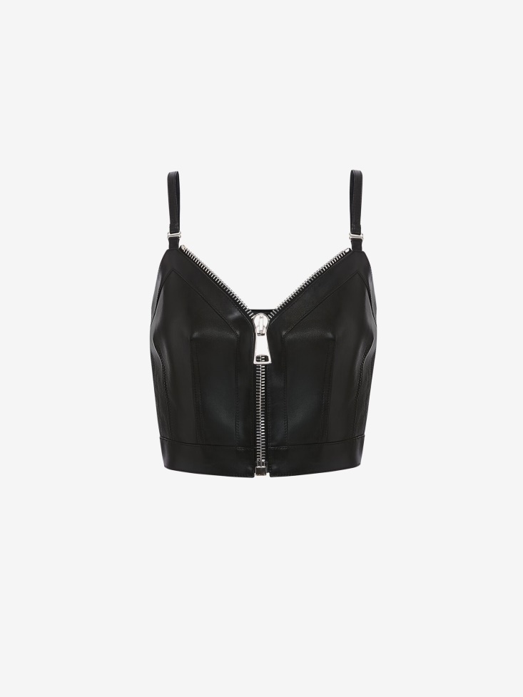 Women's Leather Zip Corset Top Black Fashion Alexander McQueen