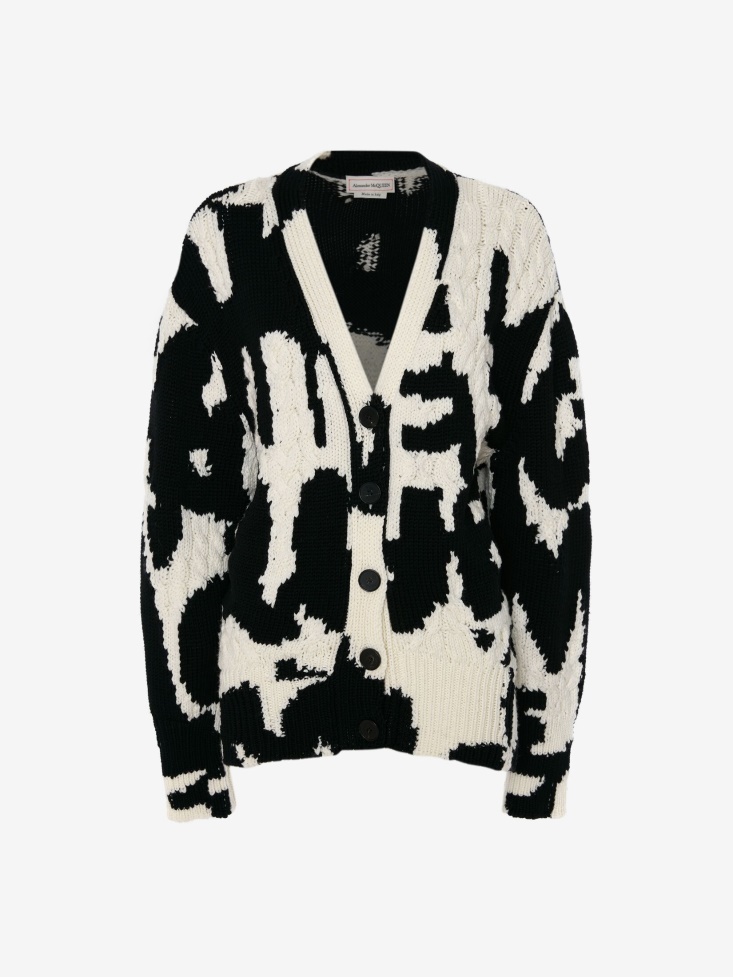 Women's Wool in Graffiti Intarsia Cardigan Fashion Alexander McQueen Black/Ivory