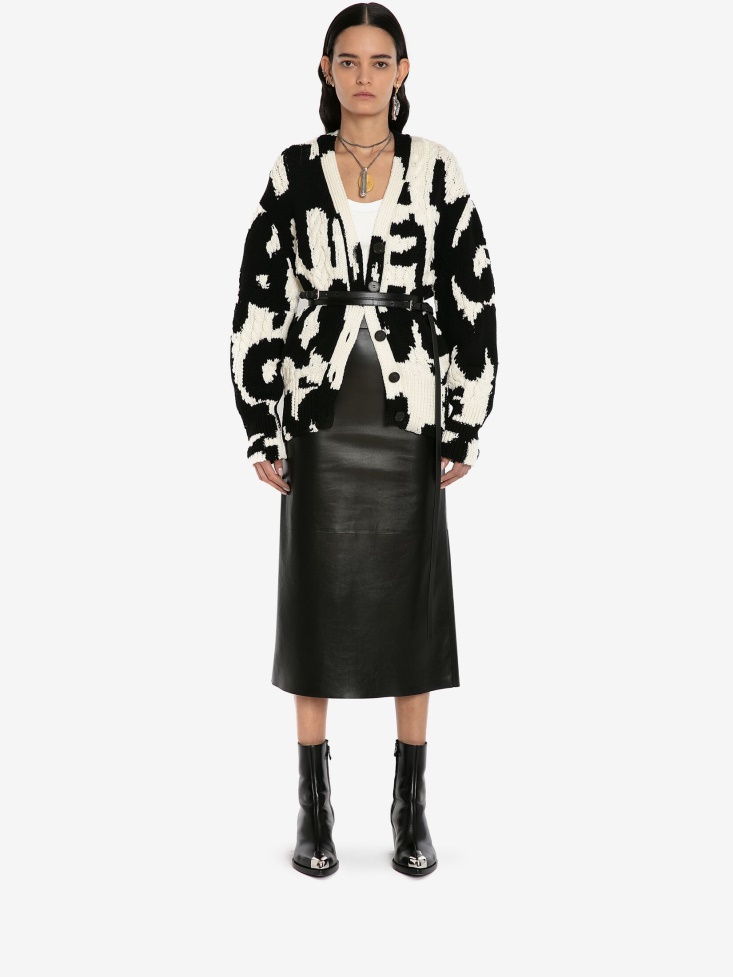 Women's Wool in Graffiti Intarsia Cardigan Fashion Alexander McQueen Black/Ivory