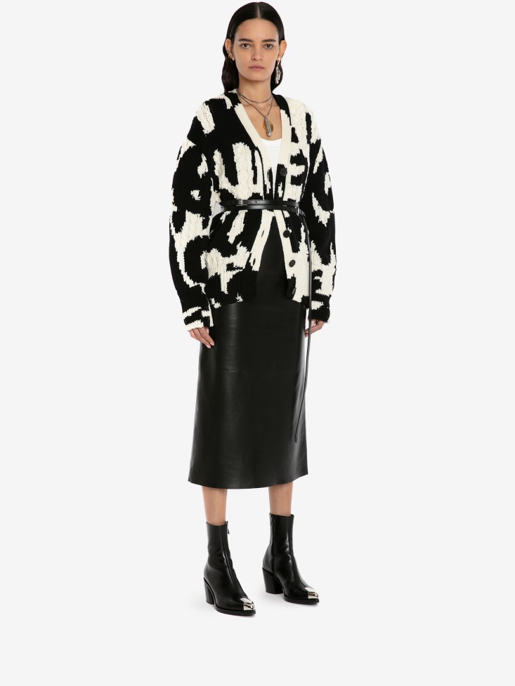 Women's Wool in Graffiti Intarsia Cardigan Fashion Alexander McQueen Black/Ivory