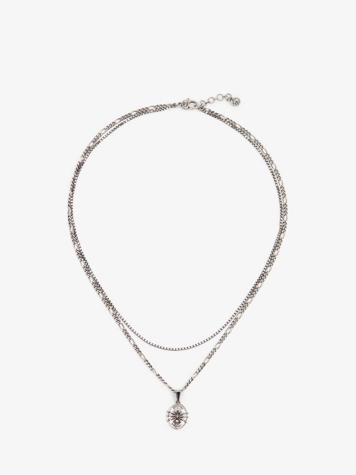 Fashion Alexander McQueen Men's Spider Skull Chain Necklace Antique Silver