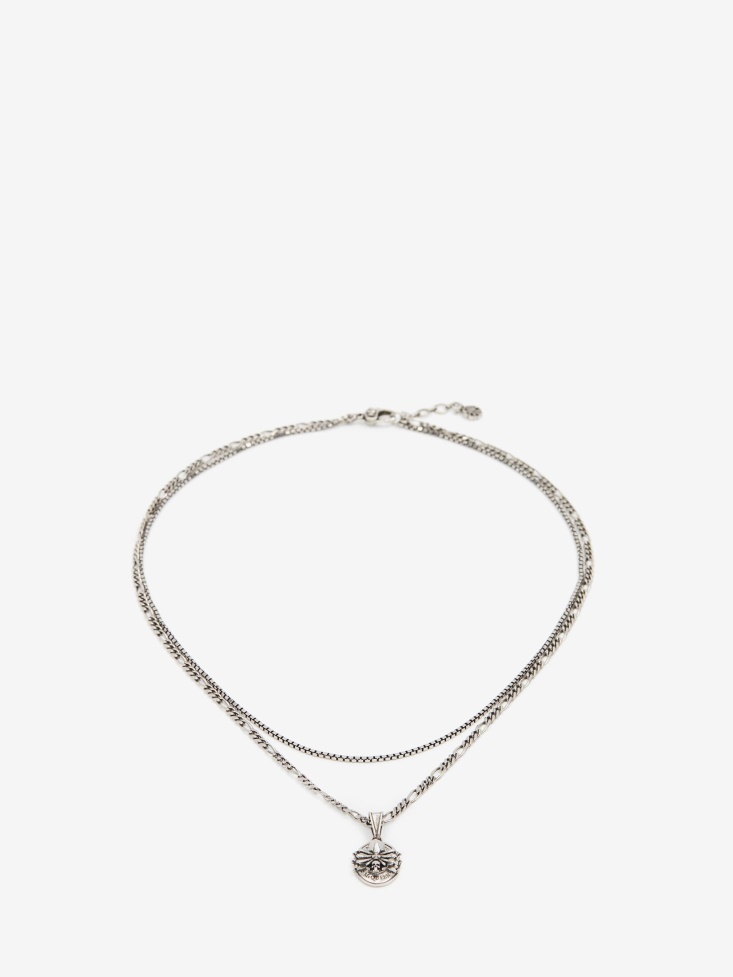 Fashion Alexander McQueen Men's Spider Skull Chain Necklace Antique Silver