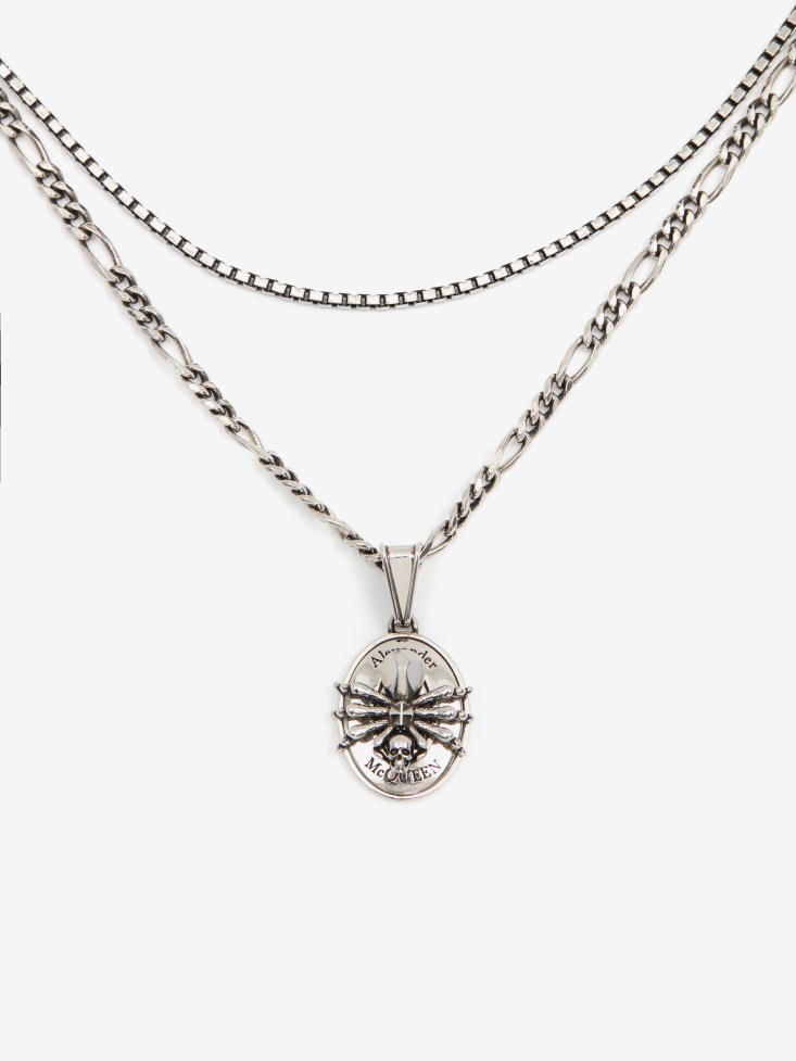 Fashion Alexander McQueen Men's Spider Skull Chain Necklace Antique Silver