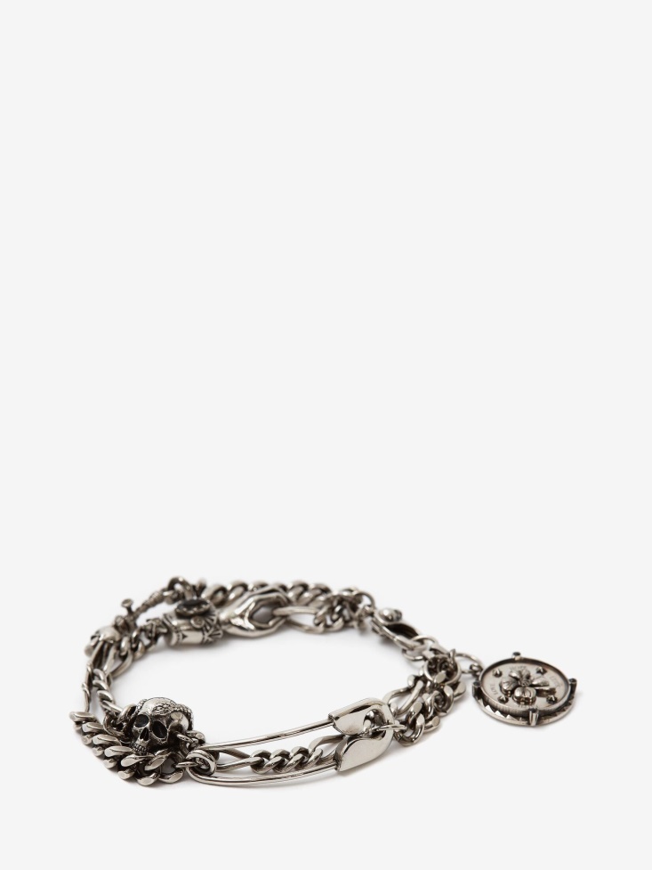 Men's Safety Pin And Medallion Chain Bracelet Antique Silver Fashion Alexander McQueen