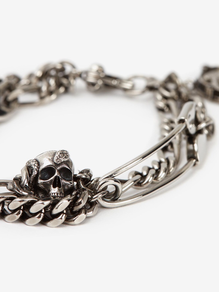 Men's Safety Pin And Medallion Chain Bracelet Antique Silver Fashion Alexander McQueen