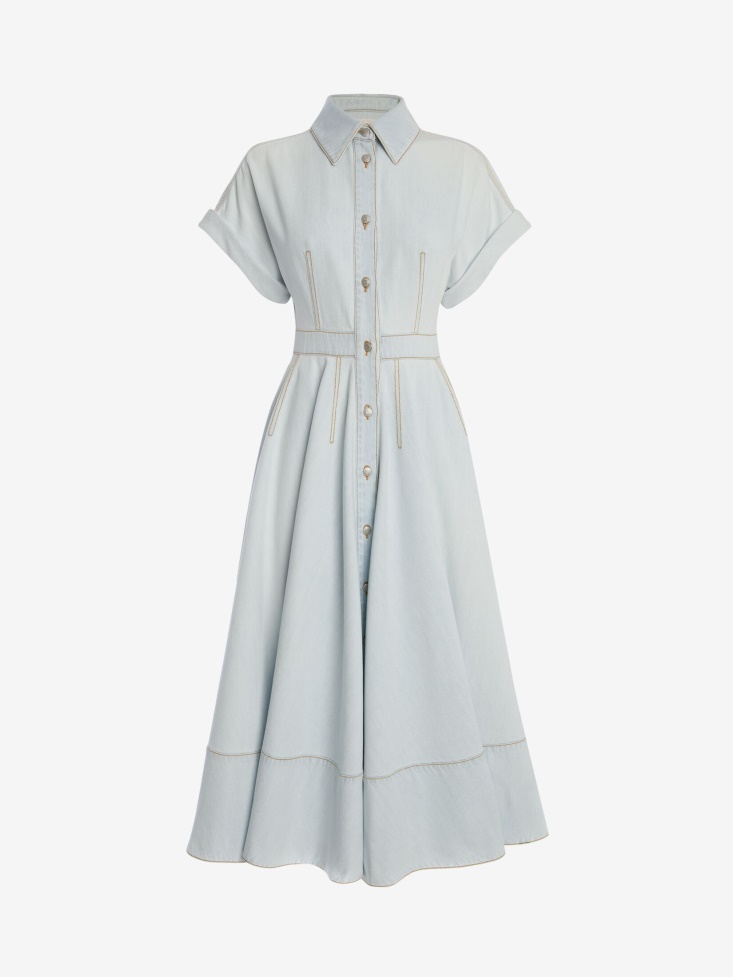 Fashion Alexander McQueen Women's Denim Midi Shirt Dress Light Blue
