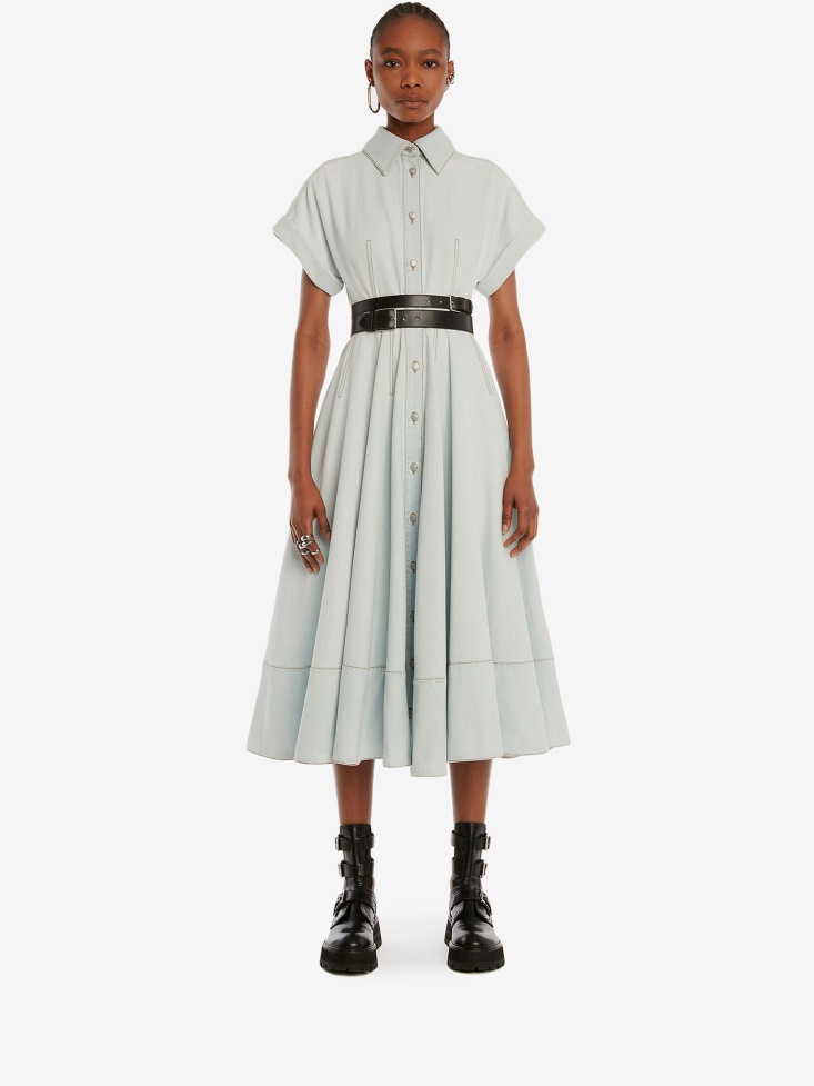 Fashion Alexander McQueen Women's Denim Midi Shirt Dress Light Blue