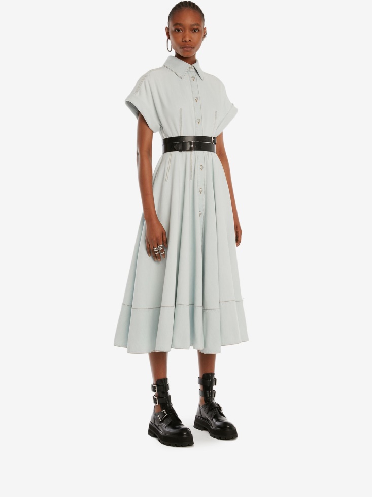 Fashion Alexander McQueen Women's Denim Midi Shirt Dress Light Blue