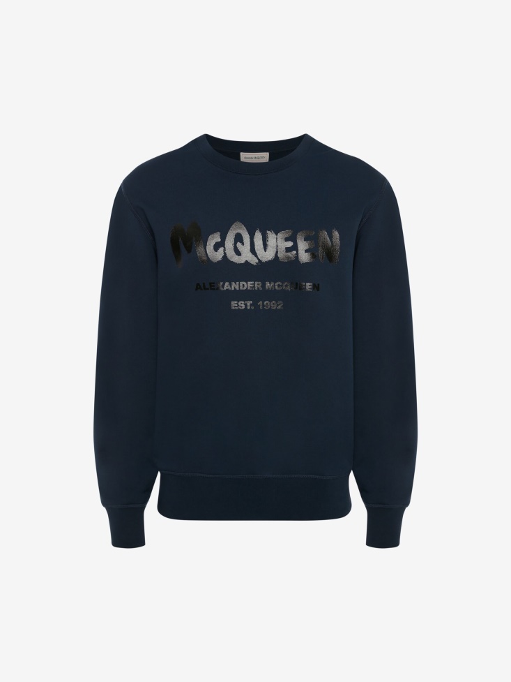 Fashion Alexander McQueen Ink Blue Men's in Graffiti Sweatshirt