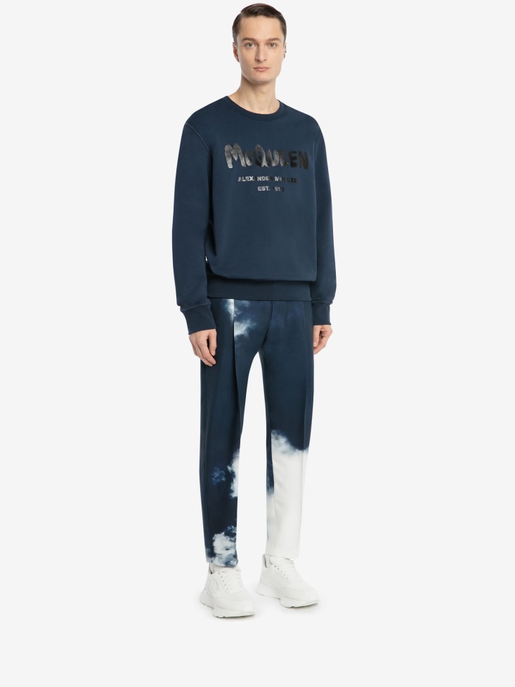 Fashion Alexander McQueen Ink Blue Men's in Graffiti Sweatshirt