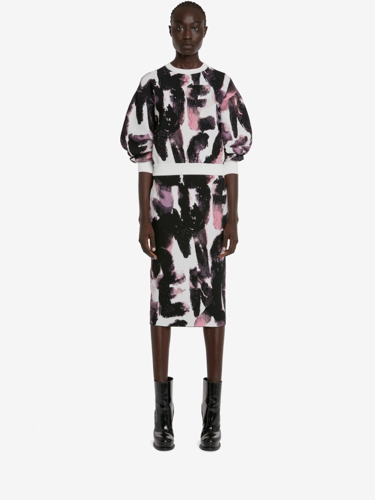 White/Multicolour Fashion Alexander McQueen Women's Watercolour Graffiti Jacquard Jumper