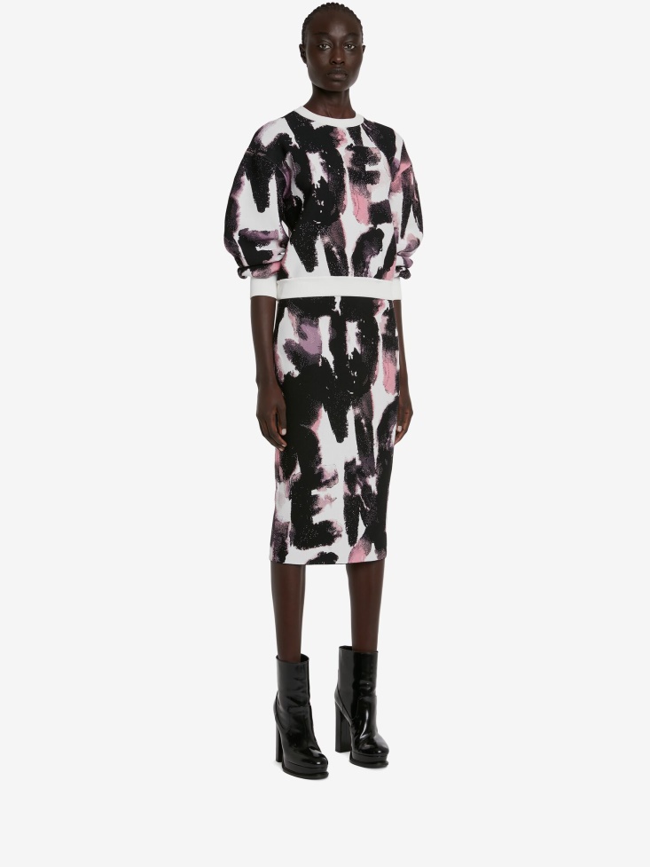 White/Multicolour Fashion Alexander McQueen Women's Watercolour Graffiti Jacquard Jumper