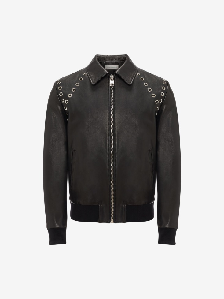 Fashion Alexander McQueen Men's Eyelets Leather Jacket Black