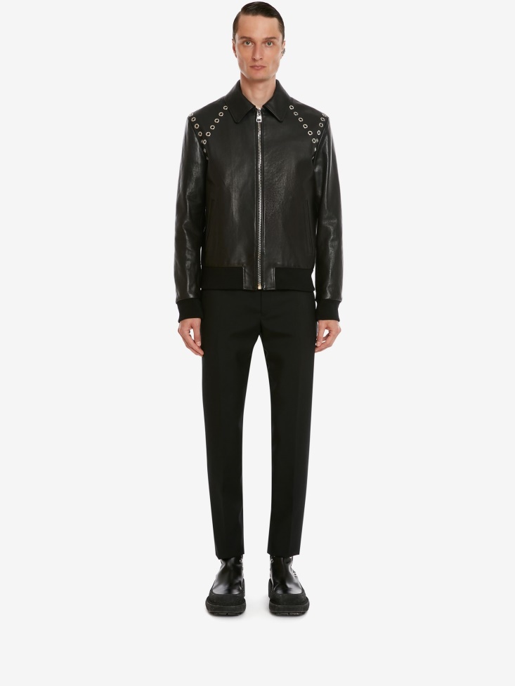 Fashion Alexander McQueen Men's Eyelets Leather Jacket Black