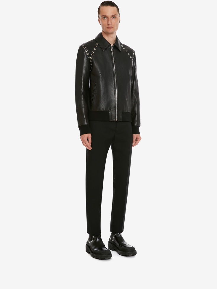 Fashion Alexander McQueen Men's Eyelets Leather Jacket Black