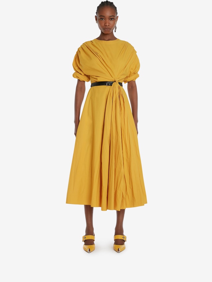 Pop Yellow Women's Cotton Poplin Knotted Drape Dress Fashion Alexander McQueen