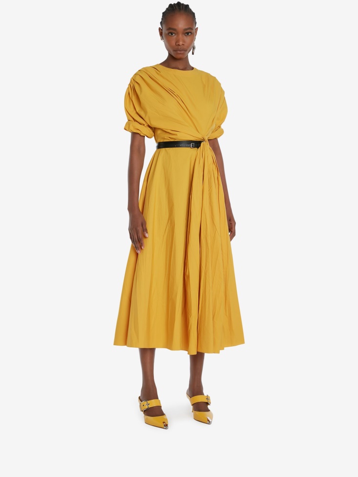 Pop Yellow Women's Cotton Poplin Knotted Drape Dress Fashion Alexander McQueen