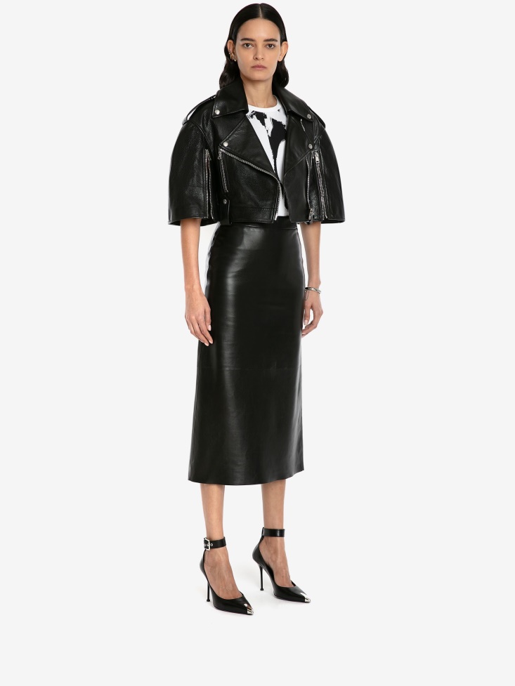 Fashion Alexander McQueen Women's Leather Kickback Pencil Skirt Black