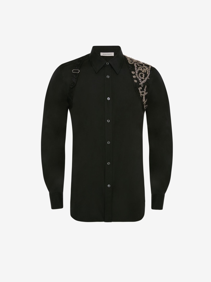 Fashion Alexander McQueen Black Men's Cotton Poplin Tree Graffiti Harness Shirt