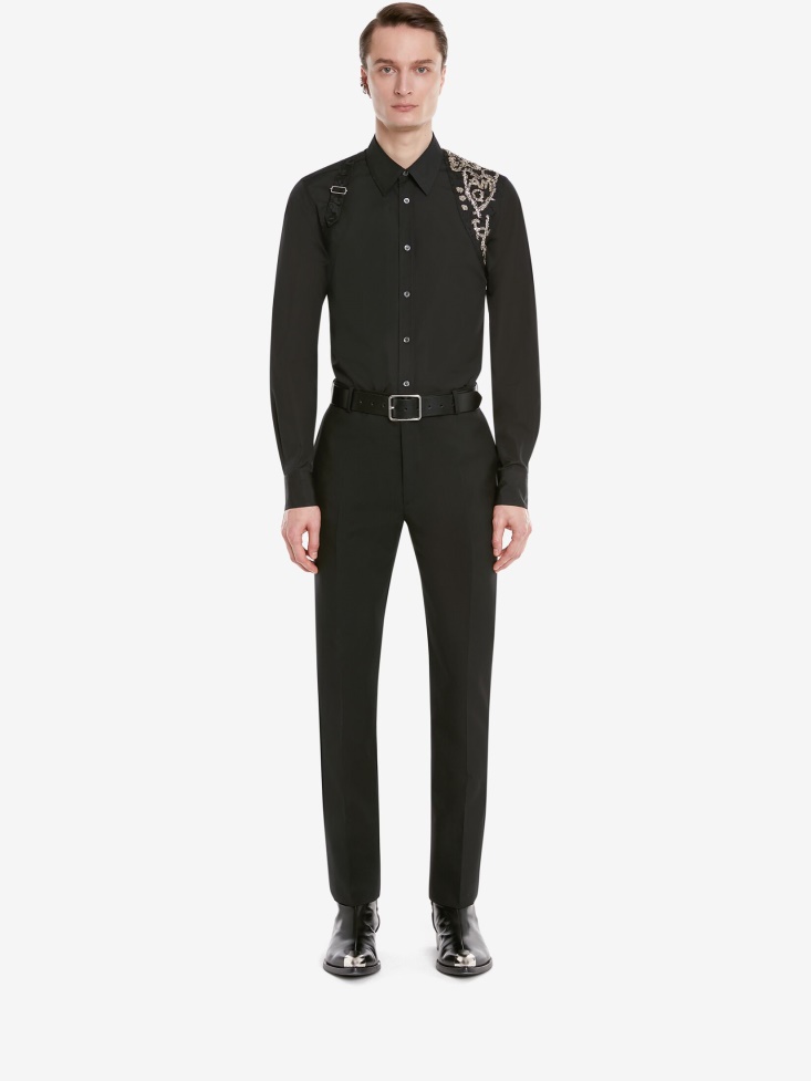 Fashion Alexander McQueen Black Men's Cotton Poplin Tree Graffiti Harness Shirt