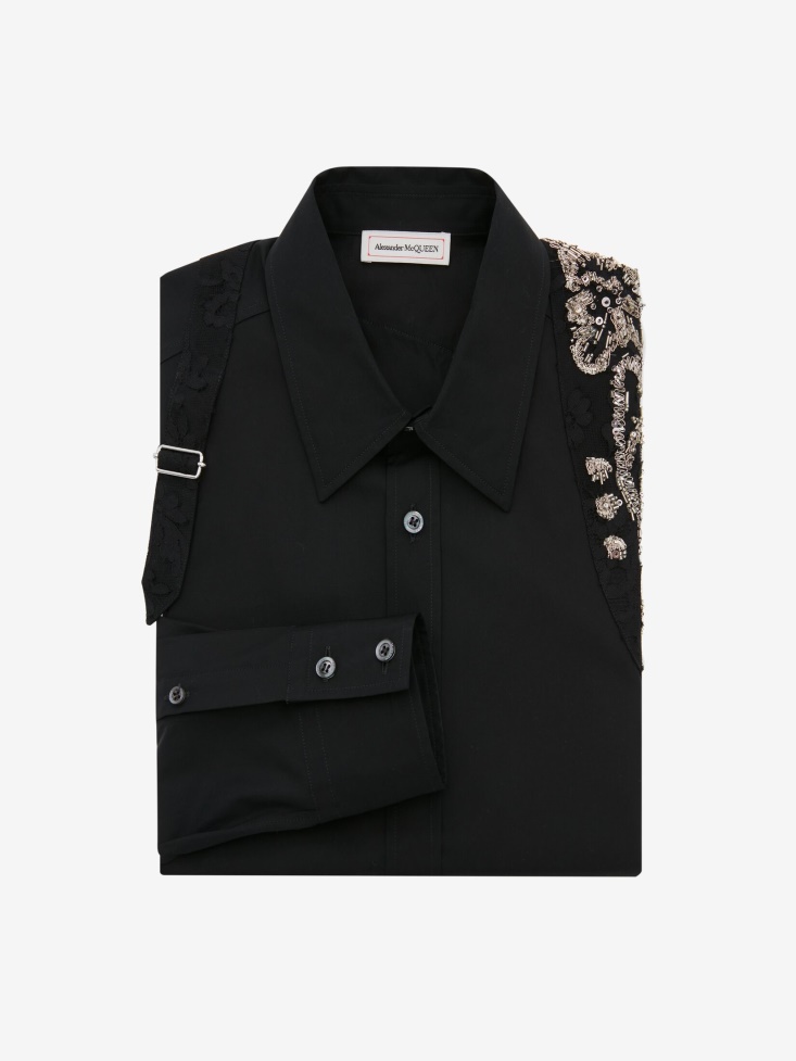 Fashion Alexander McQueen Black Men's Cotton Poplin Tree Graffiti Harness Shirt