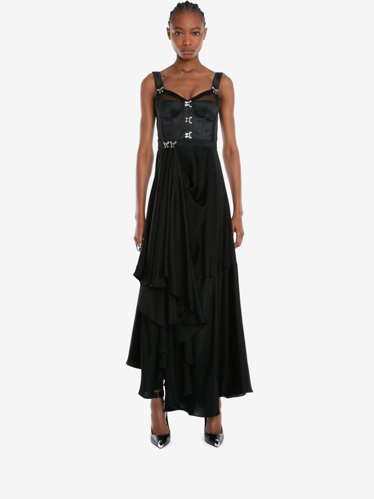 Women's Satin Asymmetric Drape Corset Dress Black Fashion Alexander McQueen