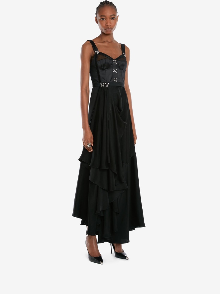 Women's Satin Asymmetric Drape Corset Dress Black Fashion Alexander McQueen