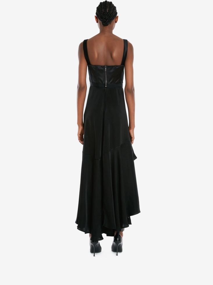 Women's Satin Asymmetric Drape Corset Dress Black Fashion Alexander McQueen