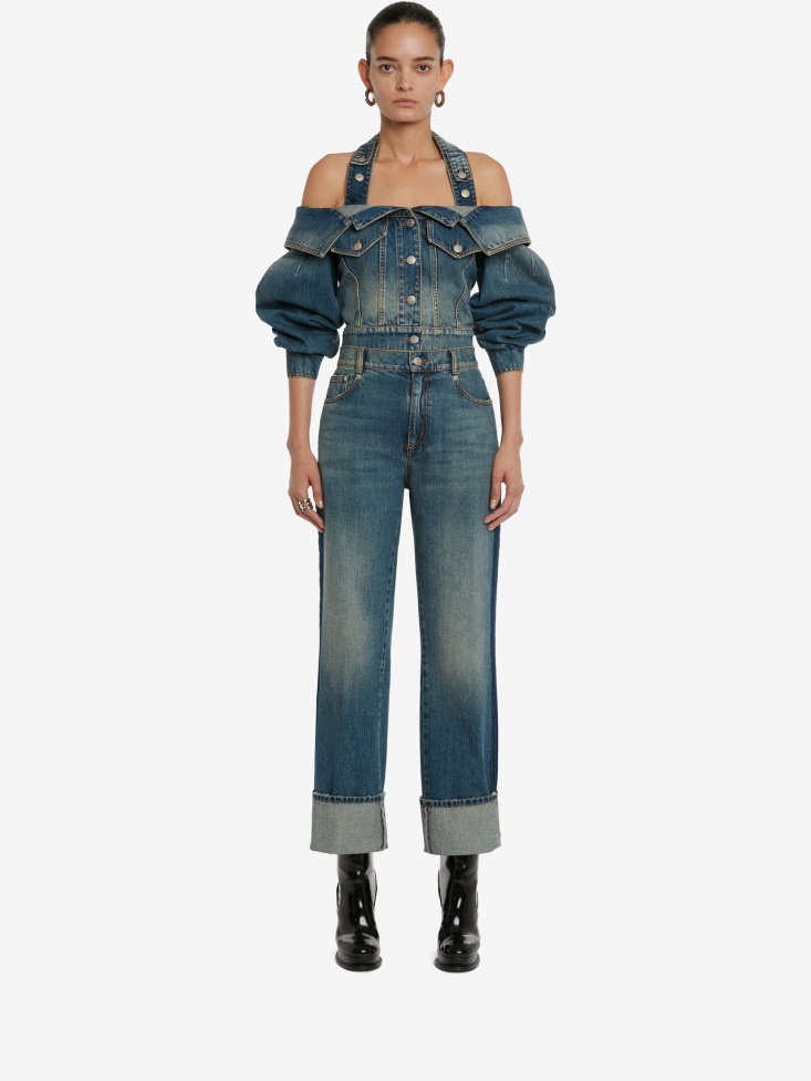 Women's Off-The-Shoulder Denim Jacket Fashion Alexander McQueen Washed Blue