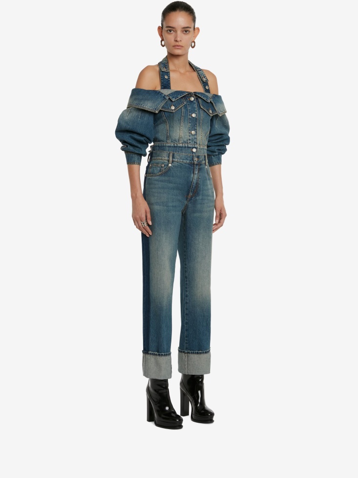 Women's Off-The-Shoulder Denim Jacket Fashion Alexander McQueen Washed Blue