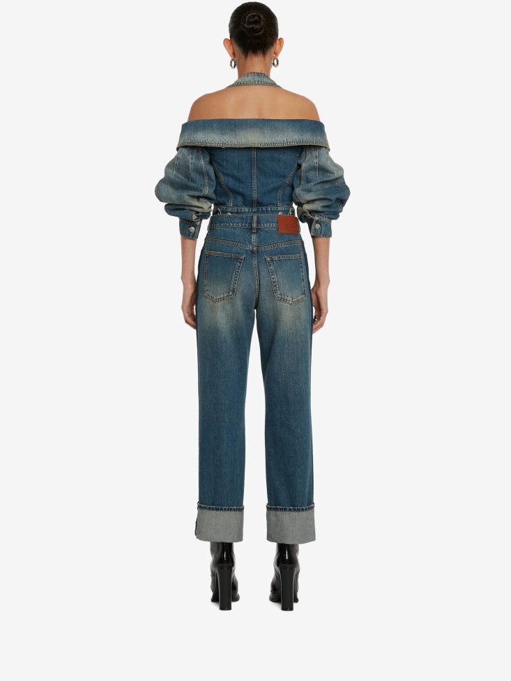 Women's Off-The-Shoulder Denim Jacket Fashion Alexander McQueen Washed Blue