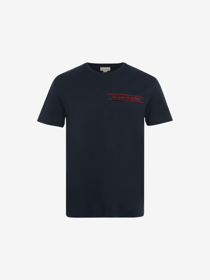 Fashion Alexander McQueen Ink Blue Men's Selvedge Logo Tape T-Shirt