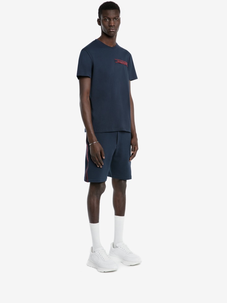 Fashion Alexander McQueen Ink Blue Men's Selvedge Logo Tape T-Shirt
