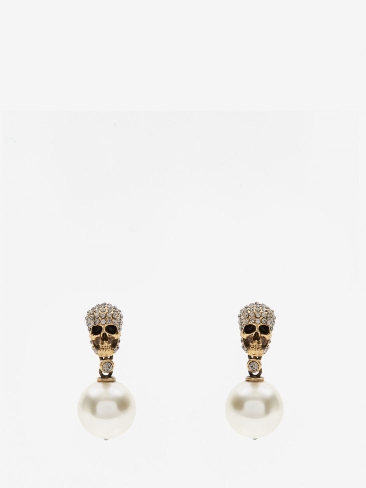 Antique Gold Women's Pearl Pave Skull Earrings Fashion Alexander McQueen