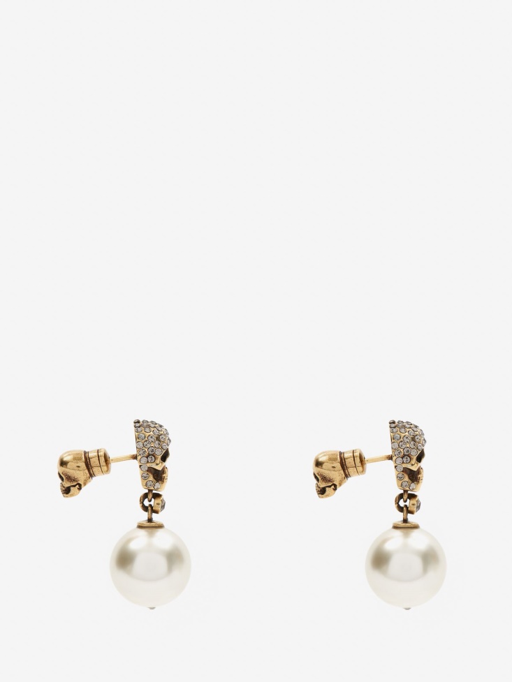 Antique Gold Women's Pearl Pave Skull Earrings Fashion Alexander McQueen