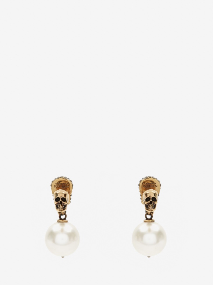 Antique Gold Women's Pearl Pave Skull Earrings Fashion Alexander McQueen
