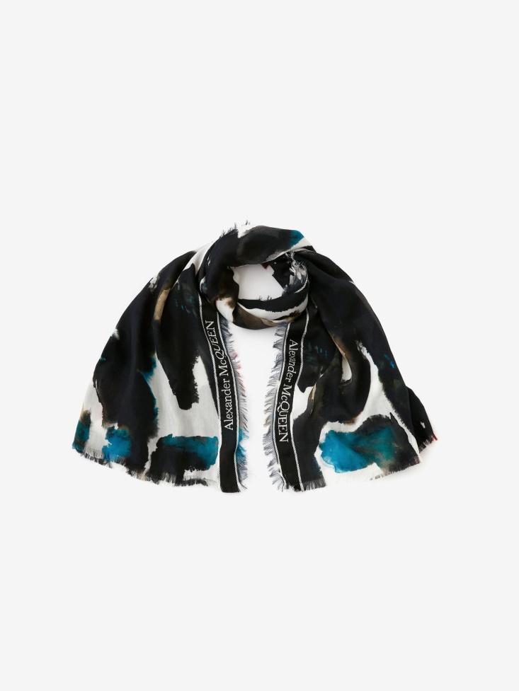Ivory/Multicolour Men's Selvedge Tape Watercolour Graffiti Stole Fashion Alexander McQueen