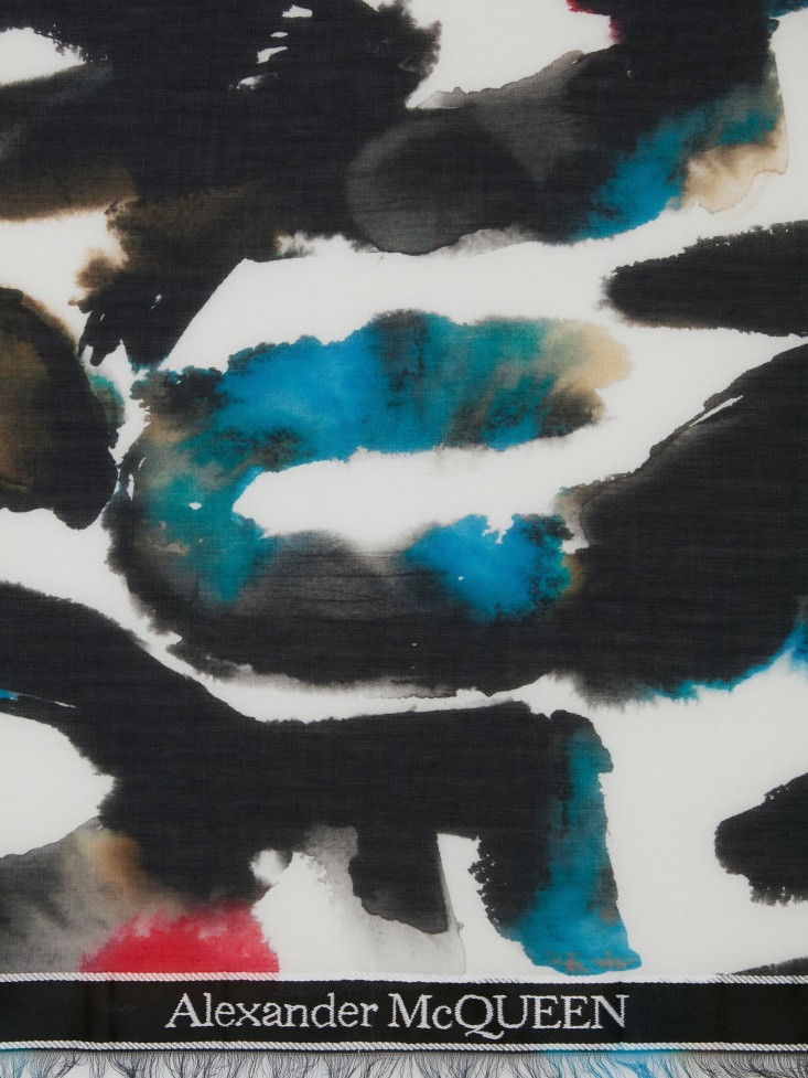Ivory/Multicolour Men's Selvedge Tape Watercolour Graffiti Stole Fashion Alexander McQueen